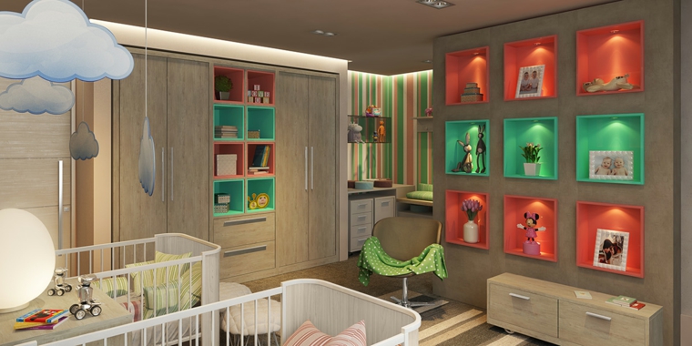 decorar paredes habitacion nino estantes iluminados ideas
