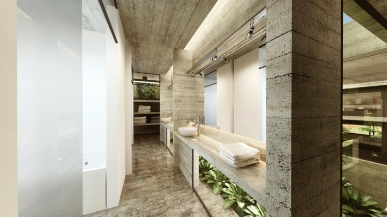 paredes de hormigón y plantas en el baño efectos opticos pared hormigon bano lavabos ideas