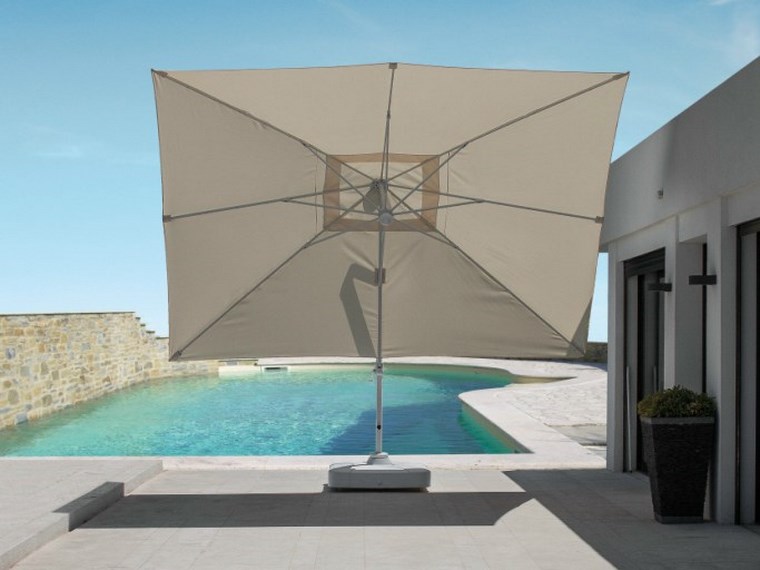 exteriores diseno moderno sombrilla blanca jardin piscina ideas