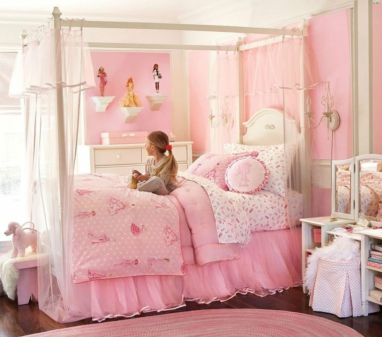 habitacion nina cama dosel blanca paredes rosa ideas