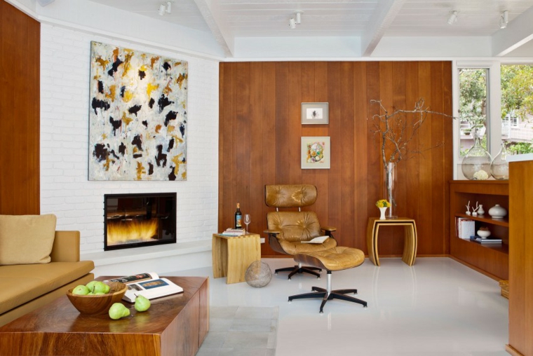 muebles de diseno sillon cuero madera chimenea ideas