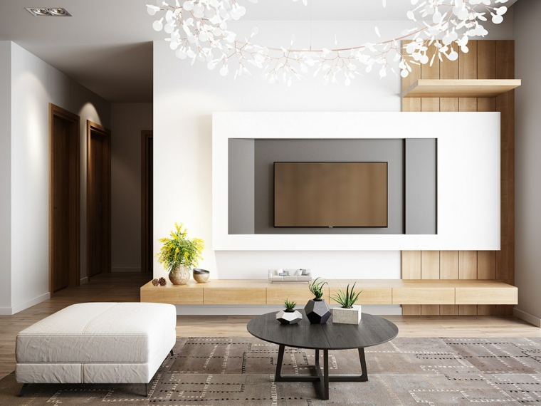 salon moderno blanco pared madera ideas