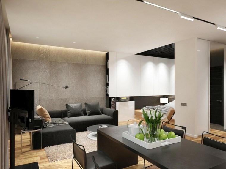 salon pared hormigon iluminacion led opciones interiores ideas