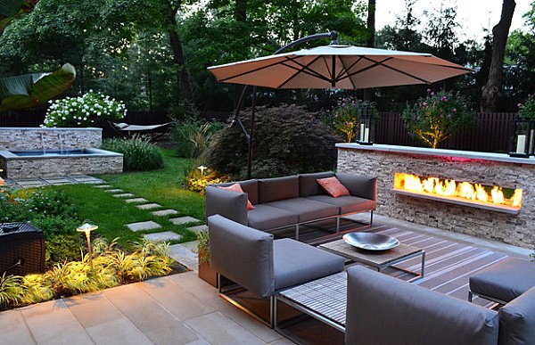 arbustos jardin moderno lugar fuego muebles ideas