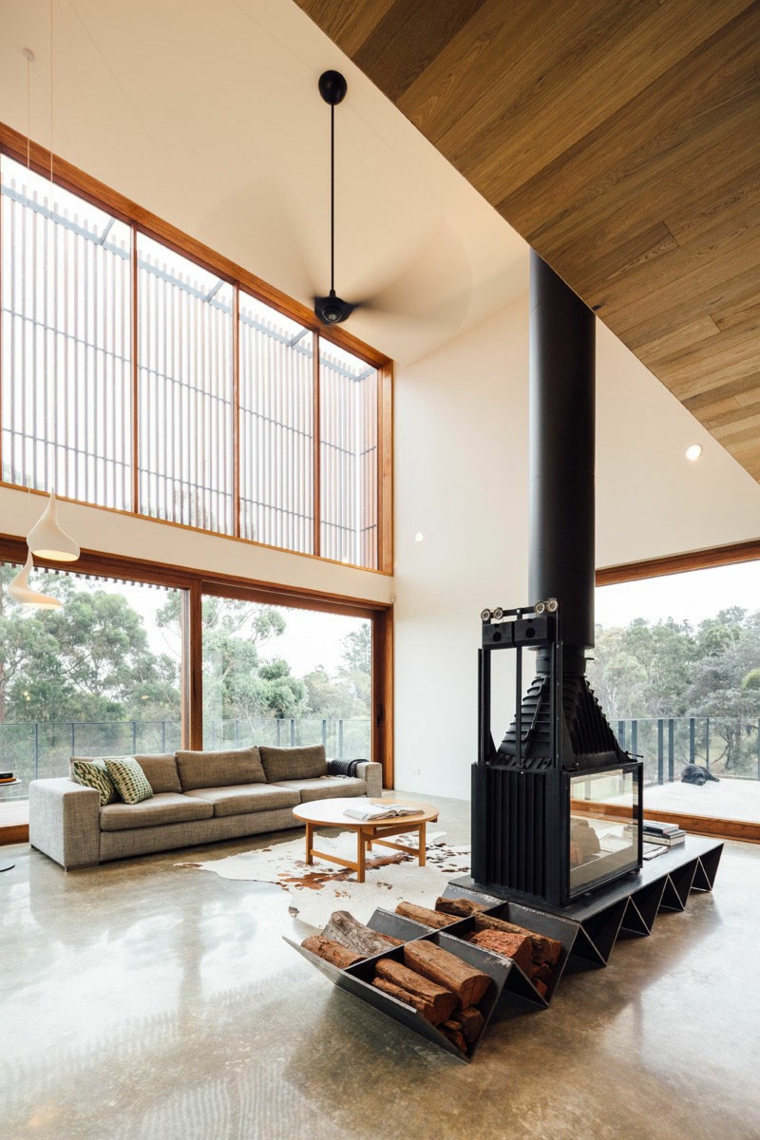 chimeneas de leña opciones lugar madera acero negro ideas
