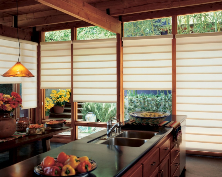 isla con encimera negra en la cocina vintage cocina diseno retro vintage estores ventanas ideas