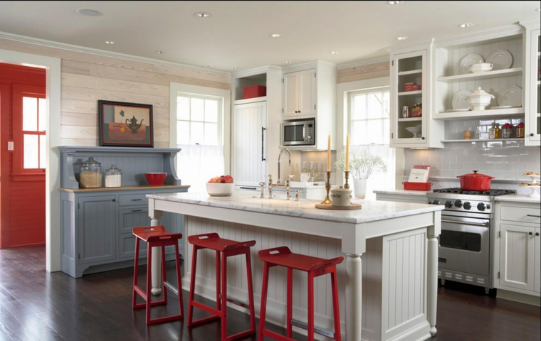 combinacion colores cocina moderna blanca roja gris ideas