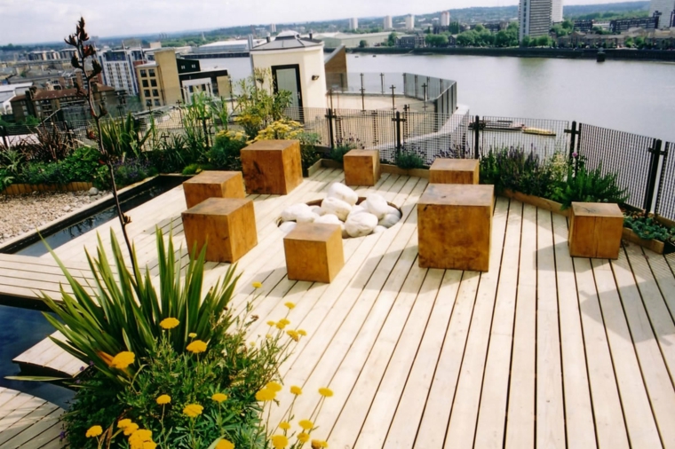 diseno terraza moderna taburetes madera ideas