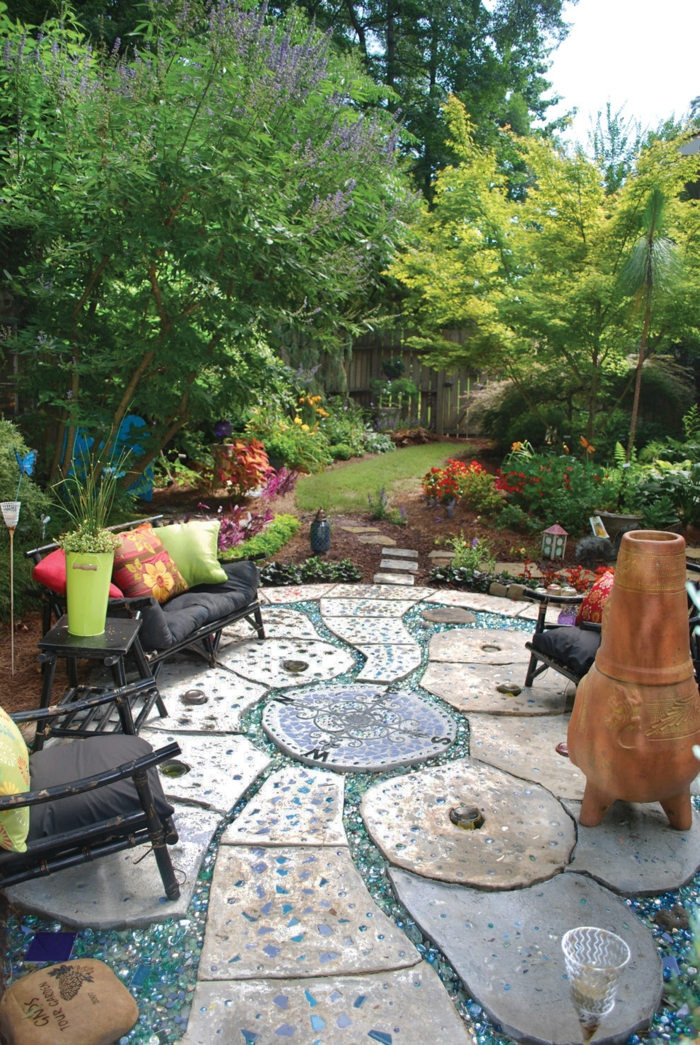 jardines mosaicos colores flores sillones