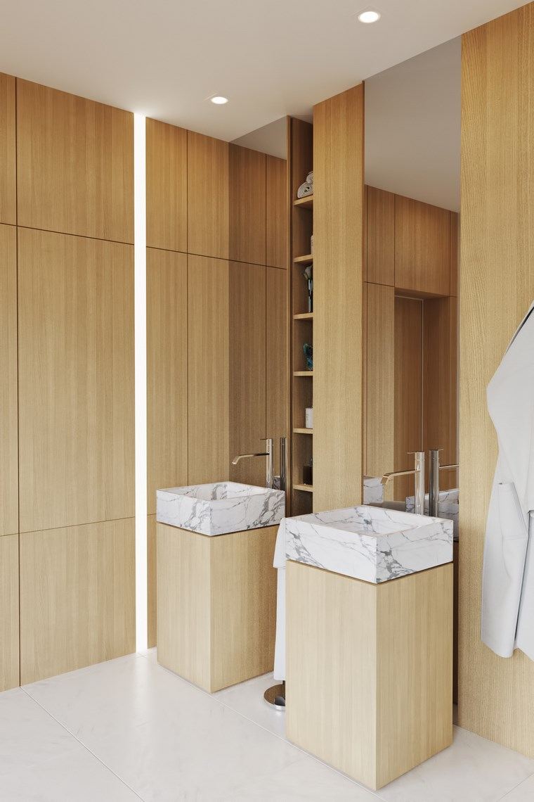bano diseno moderno iluminacion original pared lavabos madera ideas