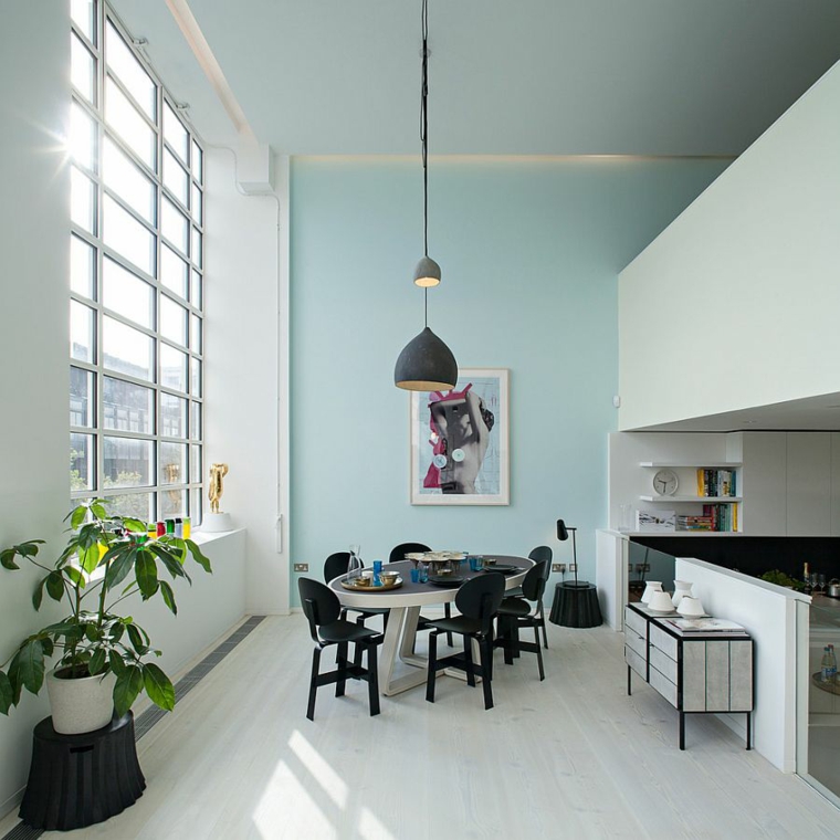 ideas de comedores con techo muy alto estilo escandinavo diseno interiores colores pastel ideas