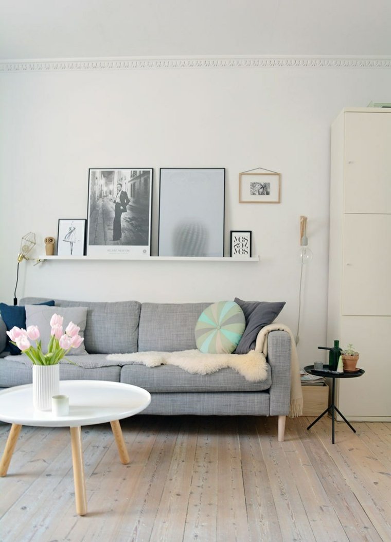 estilo escandinavo diseno interiores salon sofa color gris ideas
