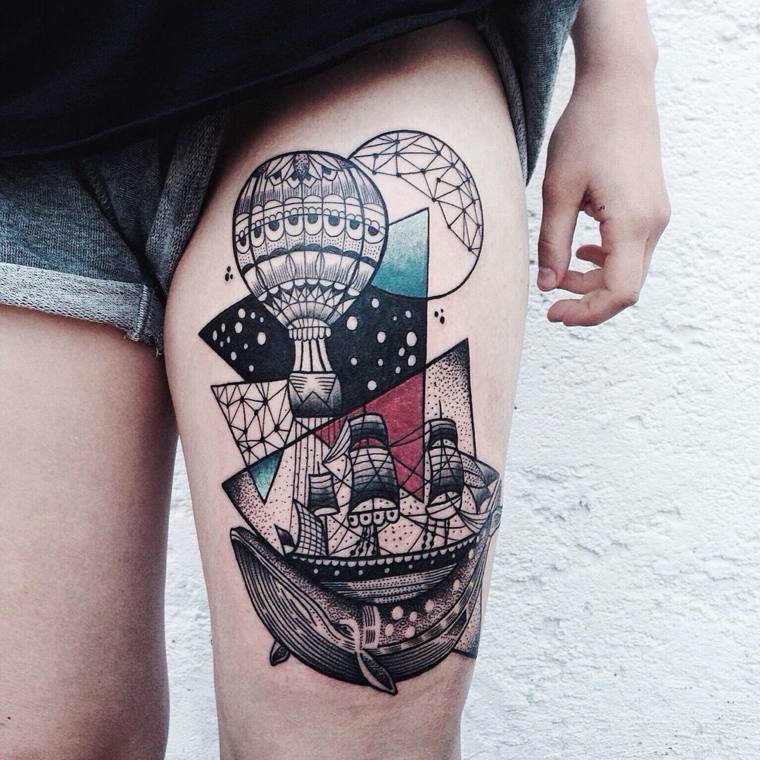 diseño de tatuaje con ballena y barco ballena barco globos noche