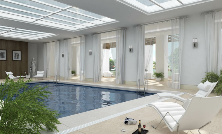 tumbonas blancas rodean la piscina construccion de piscinas dentro casa disenos plantas tumbonas blancas ideas