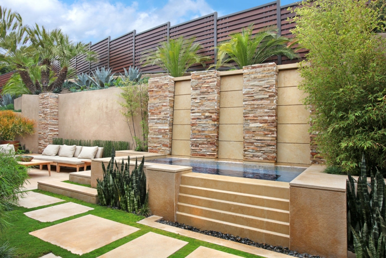 jardín con fuente de cascada moderna diseno jardín fuente cascada moderna