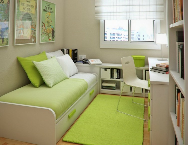 habitación estrecha con escritorio en blanco mesas escritorio dormitorio adolescente toques verde ideas