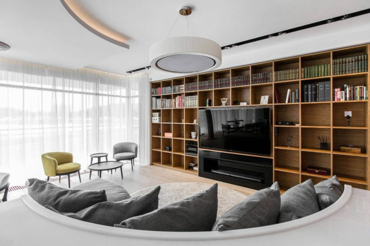 sofá gris en el salón contemporáneo apartamento salon moderno diseno Architectural Bureau Sretenka ideas