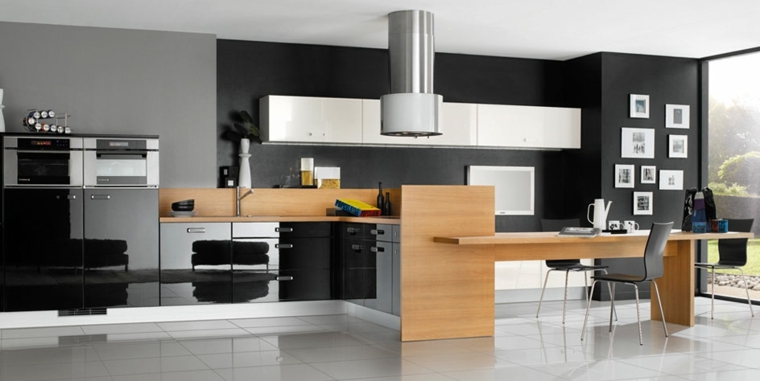 mesa de madera natural paredes negras cocina negro barra madera ideas