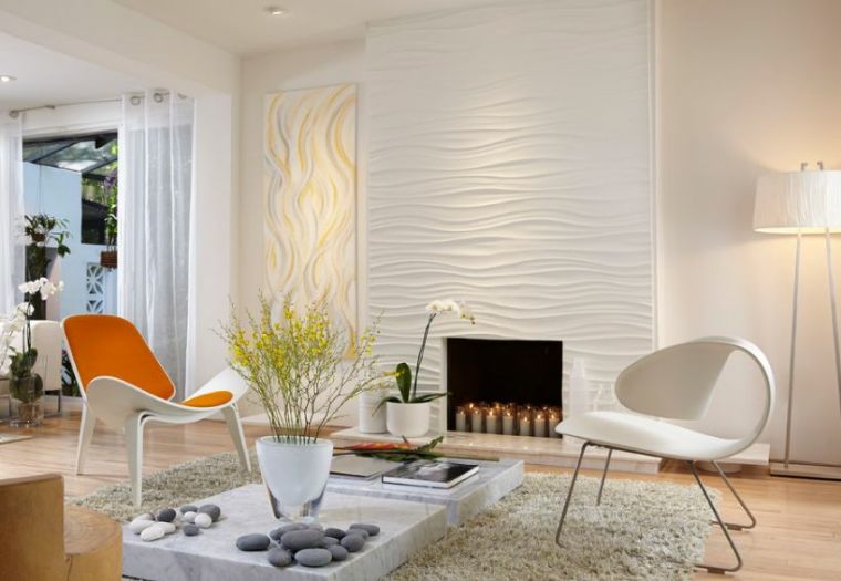 ideas para salones con chimenea textura 3D pared diseno opciones originales salon moderno ideas