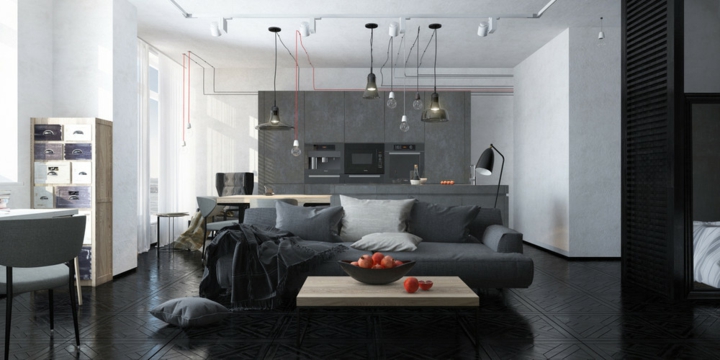 grises y negro contrastando agradables suspendidas luces tonos cables