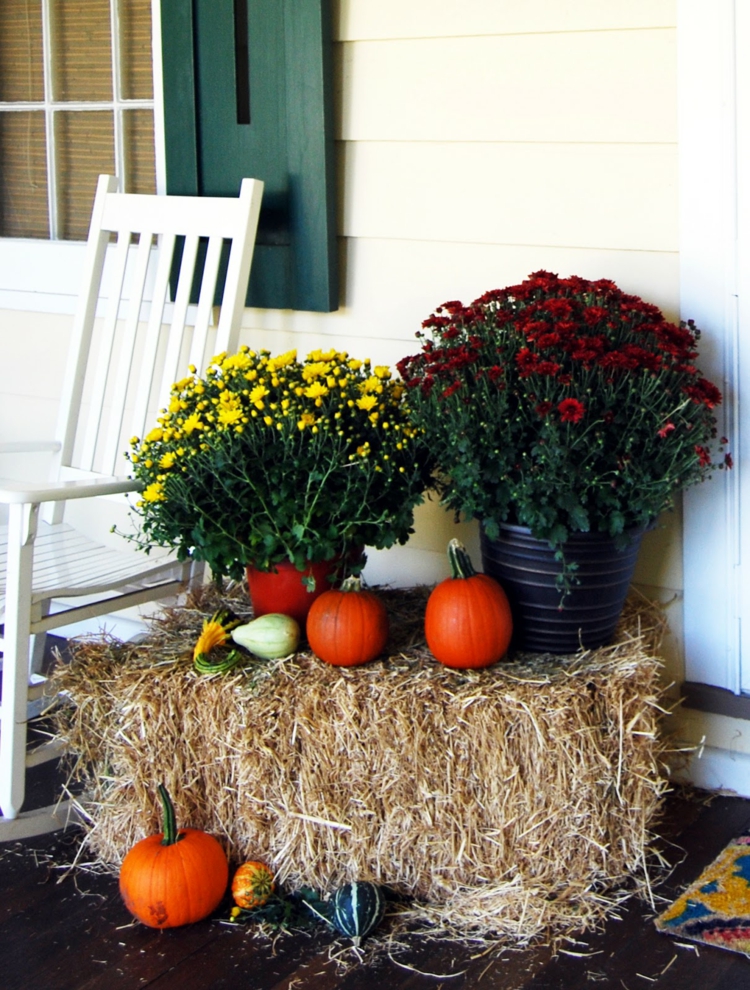 varios elementos de otoño decoracion facil balcon otono heno flores paja ideas