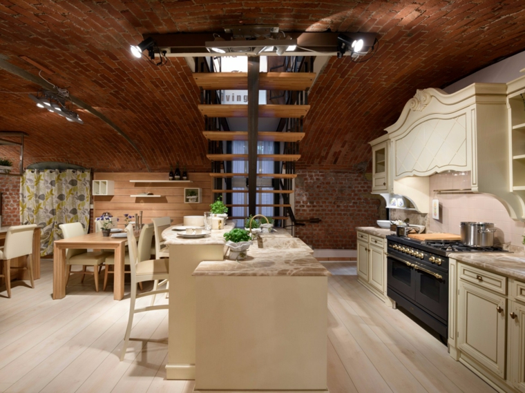 cocina con techo muy original de ladrillo muebles blancos estilo clasico cocina ideas