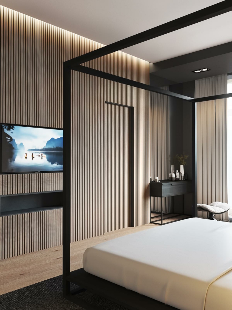 original cama con dosel paredes madera modernas