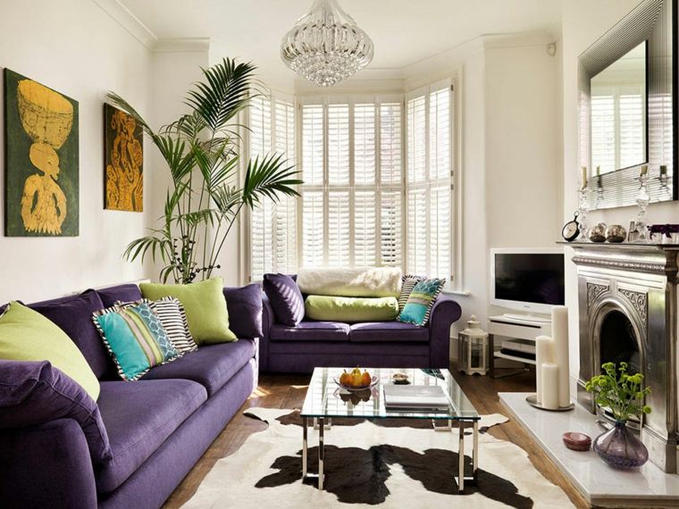 decorar salon rectangular sofas purpura ideas