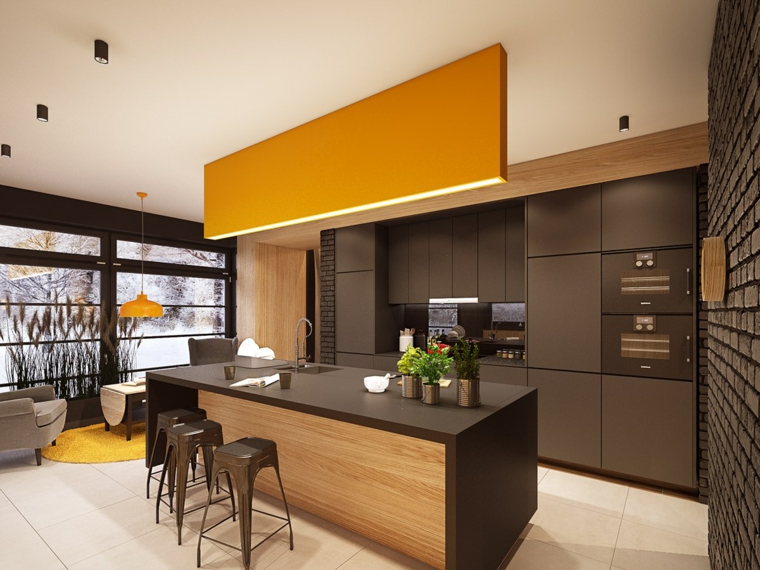disenar cocina muebles combinacion negro naranja ideas