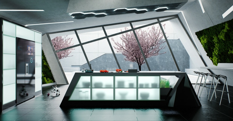 disenar cocinas muebles isla negro vidrio ideas