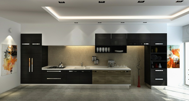 disenar cocinas muebles negros bloques pared madera ideas