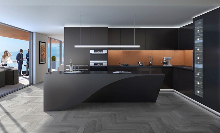 disenar cocinas muebles negros isla forma curvada ideas