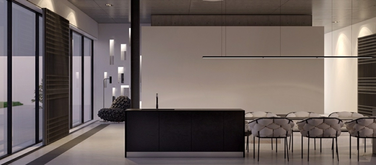 diseno de interiores minimalista geometrico negro area comida monocromatica ideas