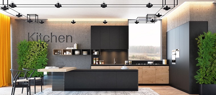 paneles cocina piedra muebles negros diseno ideas