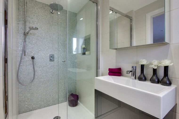 banos con ducha diseno mosaico pared blanco ideas