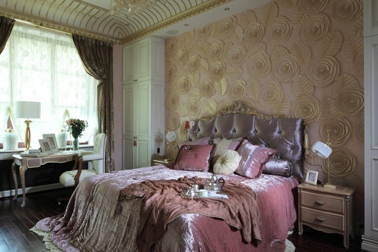 color rosa dorado combinacion diseno dormitorio pared original ideas