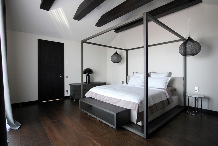 decorar dormitorio blanco negro cama dosel ideas