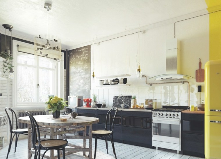 estilo escandinavo cocinas diseno muebles negros acentos amarillos ideas 