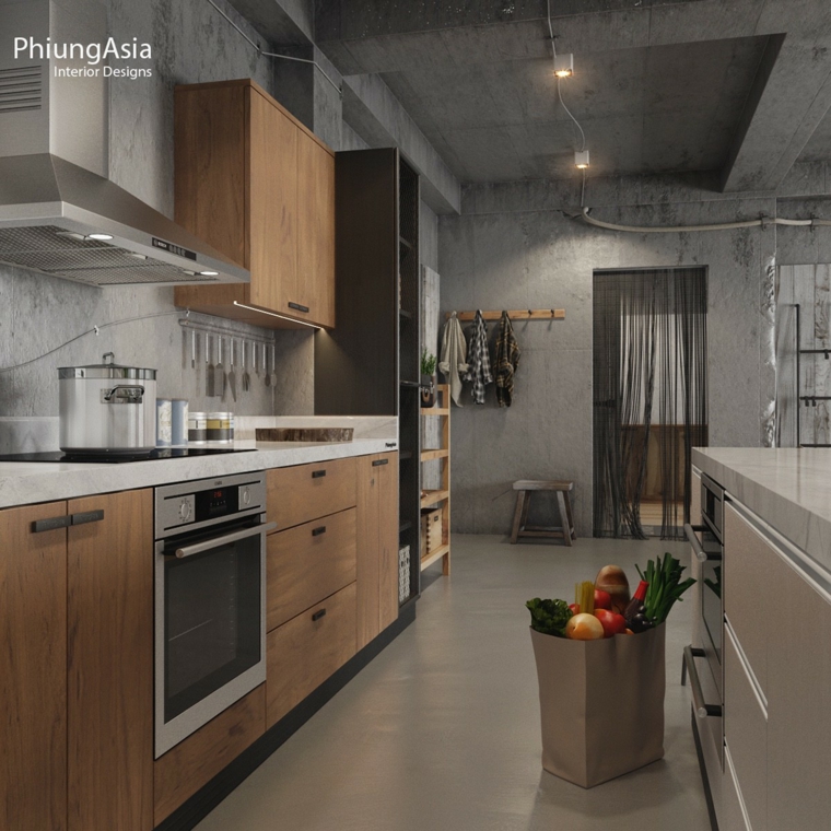 industrial cocina madera conreto materiales