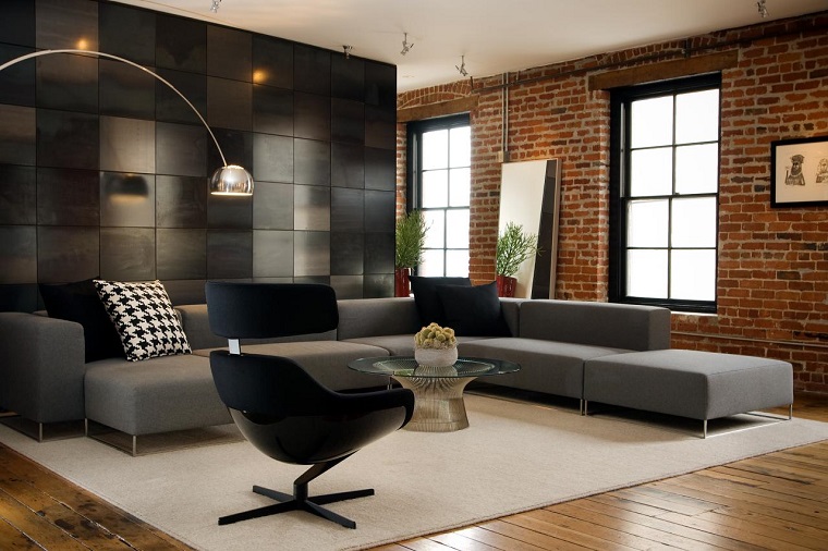 pared ladrillo sofa gris salon moderno ideas