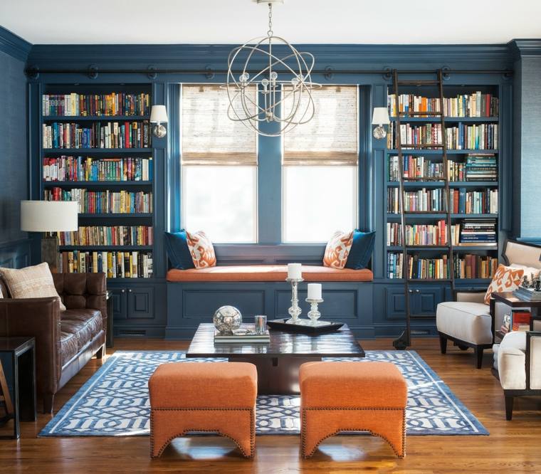pared libreria color azul oscuro salon ideas