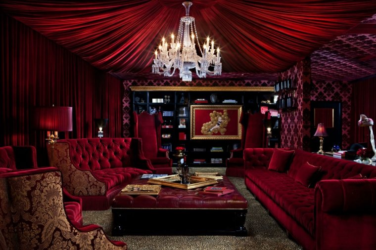 salon oscuro paredes muebles color rojo ideas