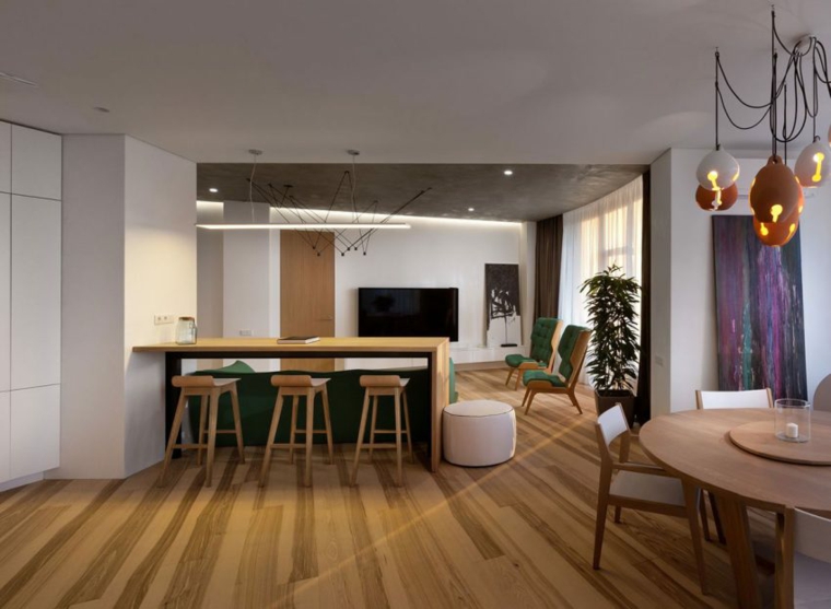 apartamento decoración diseno minimalista barra madera ideas