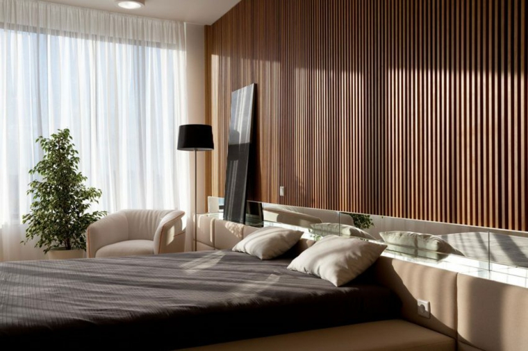 apartamento decoracion diseno minimalista dormitorio pared madera ideas