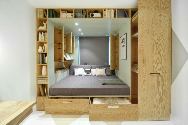 mueble moderno de madera efectos gaveteros abiertos sala potencial