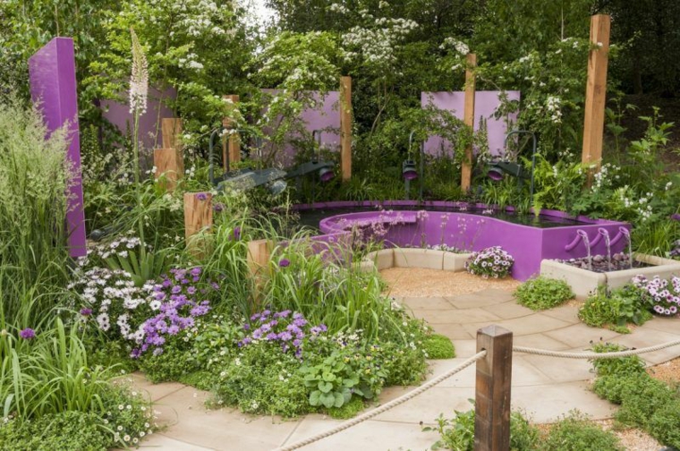 original diseño de jardín fuente jardin color violeta plantas
