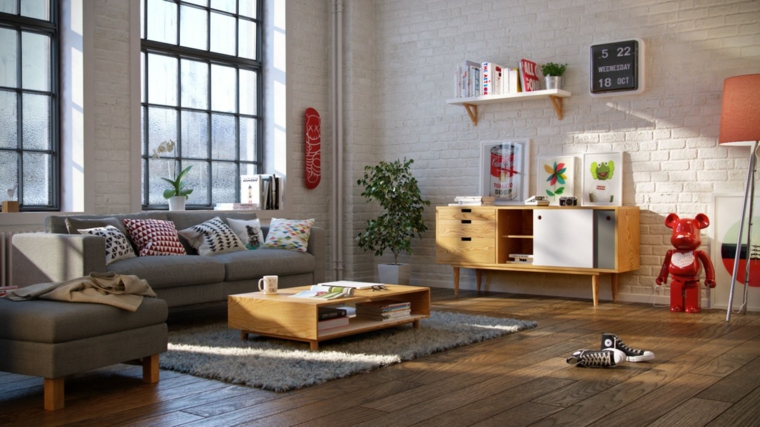 paredes con pequeños estantes vivienda orden muebles sillones madera color grises