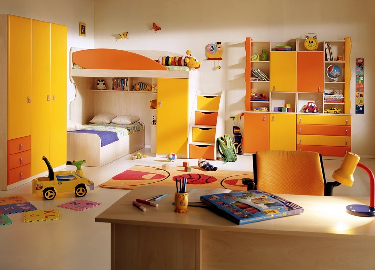 decoración habitaciones infantiles combinacion naranja amarillo ideas