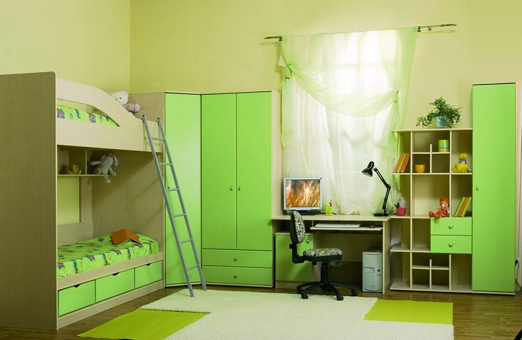 decoracion habitaciones infantiles literas muebles verde ideas