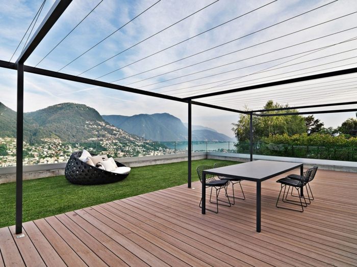 terraza diseño minimalista muebles negros sala